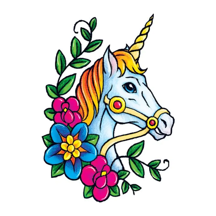 Tatuagem temporária Dragões e Fantasia — Unicórnio com flores. Inclui unicórnio, flores