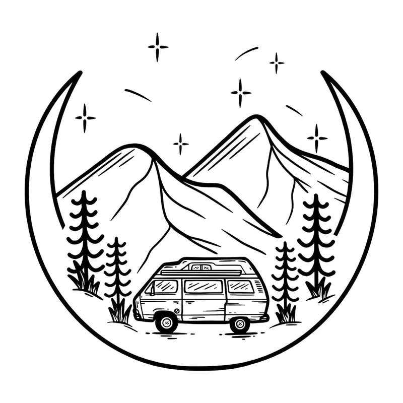 Tatuagem temporária Viagem e Aventura — Van na montanha sob a lua. Inclui van, montanhas, lua
